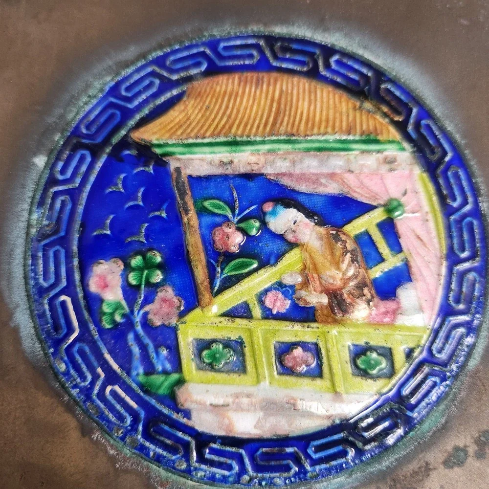 Antique Chinese Cloisonne Enamel Brass Brush Pot‎ Vase Figure Scene Butterfly
